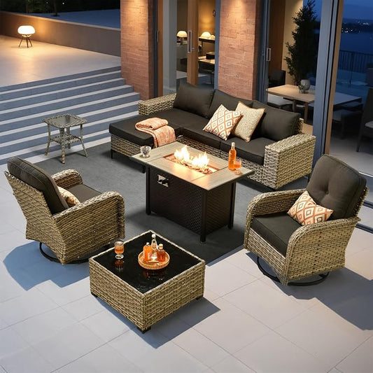 Outdoor Sectional Patio Furniture Set with Fire Pit Table,8 Pieces Wicker Conversation Sets L Shaped Couch,Extra Deep Out Door Sofa Outside Furniture with Swivel Chairs,Black