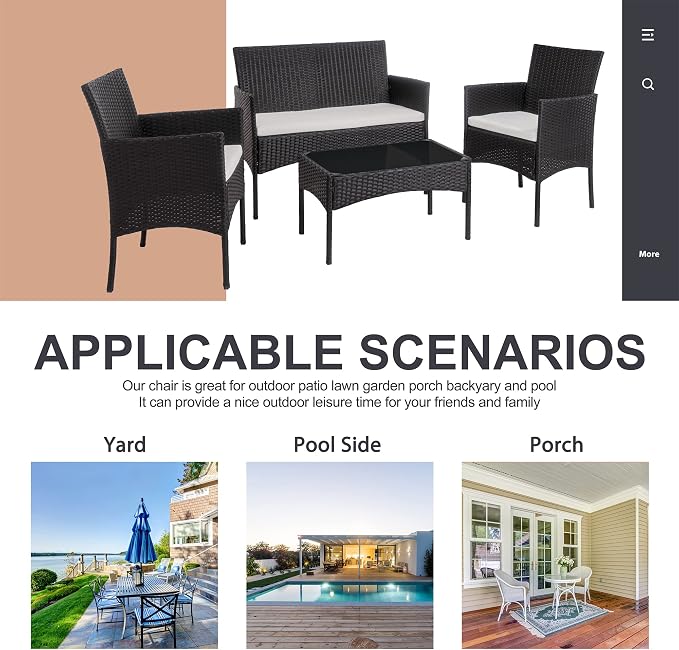 Shintenchi 4 Piece Patio Furniture Sets, Outdoor Small Patio Table and Chairs Set, Rattan Patio Conversation Set, Balcony Porch Furniture with Tempered Glass Coffee Table for Outside, Black