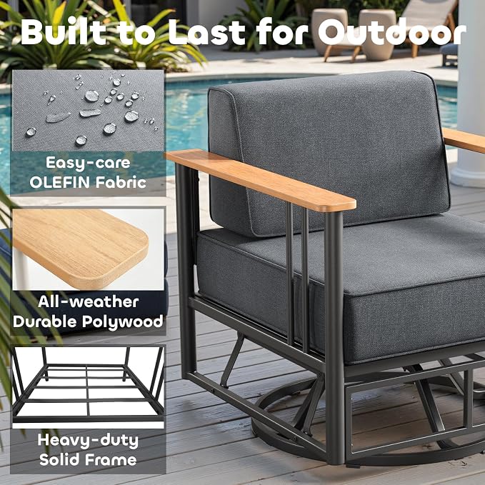 Luxury Patio Swivel Chairs with 6" Extra Thick Cushions, Outdoor Swivel Chairs with Side Table, Outdoor Furniture for Porch, Balcony, Deck, Patio, Yard, Poolside, Black/Grey
