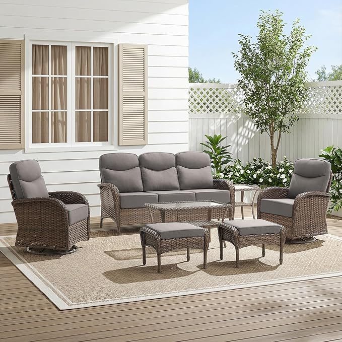 HUMMUH 7-Piece Patio Furniture Set with 6" Thick Cushion High Back Outdoor Swivel Rocker Chairs with 3-Seater Sofa,Coffee Table & Ottomans,Wicker Outdoor Conversation Set for Deck, Porch,Poolside