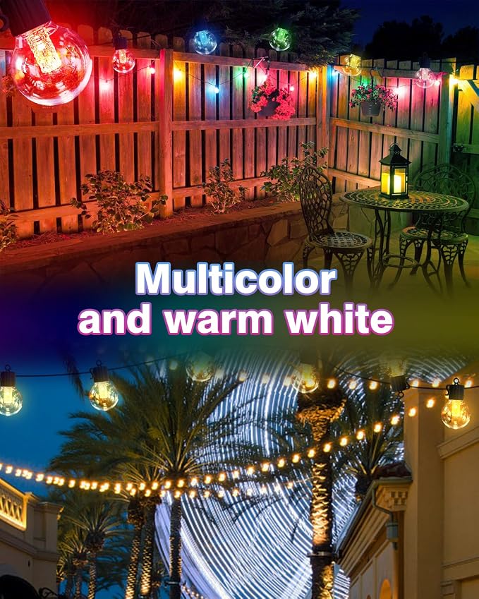 FREECUBE 50FT Solar String Lights Outdoor Waterproof, 25LEDs G40 Globe Shatterproof Bulbs,Warm White & Multicolor,8 Modes,Timer, Solar Powered Patio Lights for Backyard, Porch, Garden, Wedding Decor