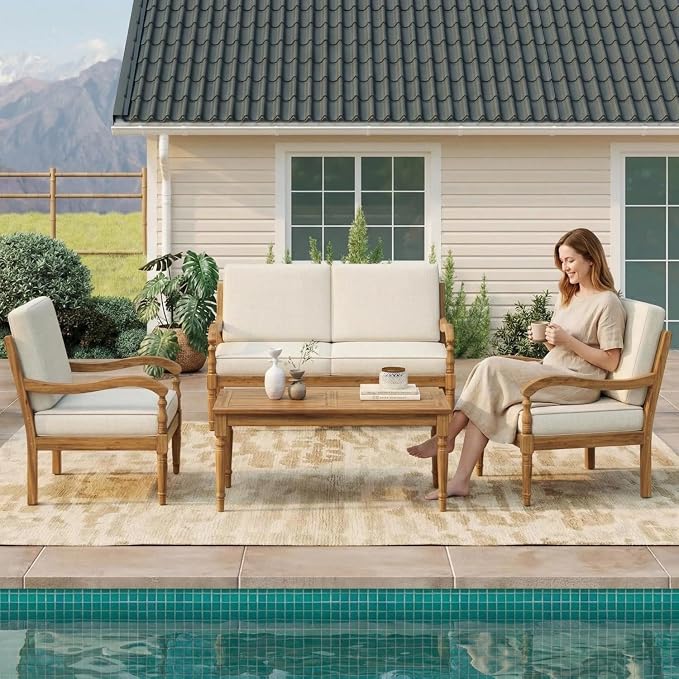 Patio Furniture Set-Loveseat, Outdoor Sectional Furniture with Armrests and Thick Washable Cushions, All-Weather Patio Conversation Set for Backyard, Garden and Poolside, Beige(Series F)