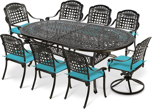 VIVIJASON 9-Piece Patio Furniture Dining Set, All-Weather Cast Aluminum Outdoor Conversation Set, Include 6 Stationary Chairs, 2 Swivel Dining Chairs, Oval Table with Umbrella Hole, Ocean Blue Cushion