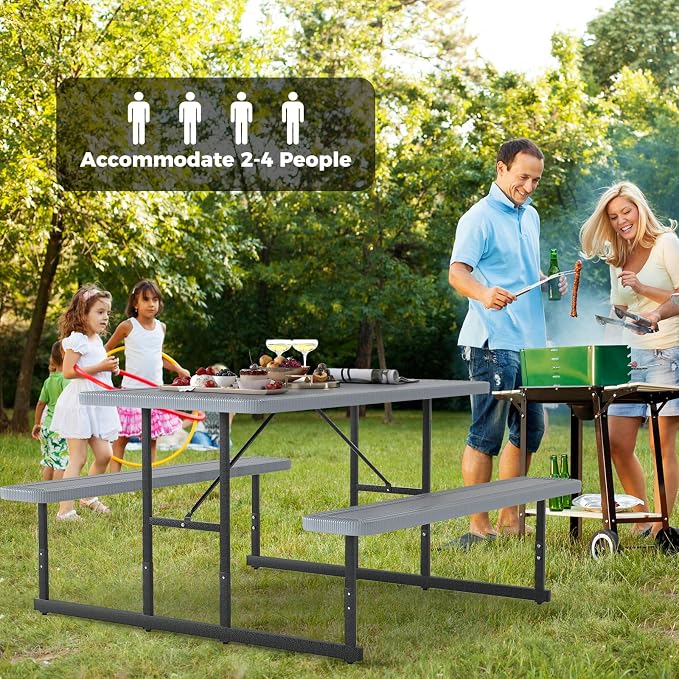 Byroce Outdoor Picnic Table for 4 Person, Rectangular Picnic Camping Table Set with Long Benches, Umbrella Hole & Metal Frame, Heavy Duty HDPE Dining Table Chairs for Patio, Yard & Poolside (Gray)