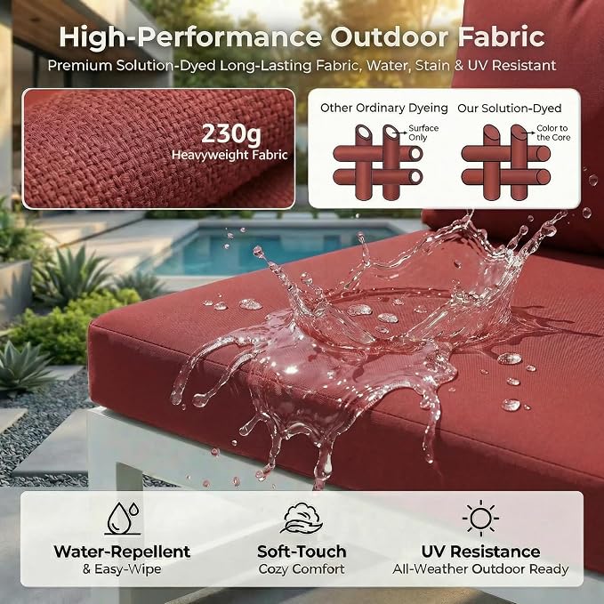 RADIATA 6 Person Modern Aluminum Outdoor Patio Furniture Set with Chaise & Firepit Table, 29 inch Wide Deep Seat, All Weather Modular Sectional Couch, Oversized Conversation Set for Garden Deck, Red