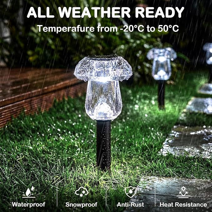 Solar Garden Lights Outdoor 8 Pack 6000K Cool White Mushroom Decor | Waterproof Pathway Outside Yard Walkway Landscape Path Lighting, LED Auto On/Off Decorations, Acrylic Diamond-like Lampshade