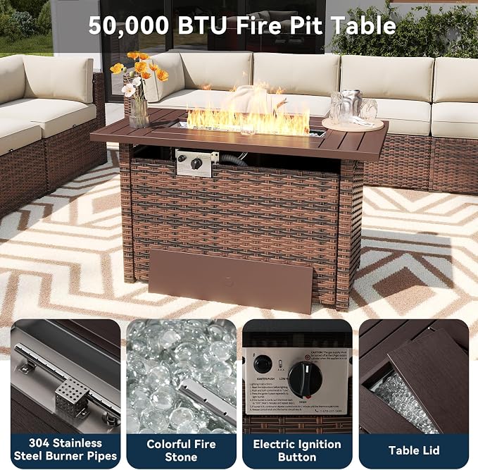 LazySunsets 12 Piece Outdoor Patio Furniture Set with 44'' Fire Pit Table, Outdoor Patio Furniture Sets with 4'' Thicken Cushion, Wicker Rattan Outdoor Conversation Set for Backyard & Garden, Beige