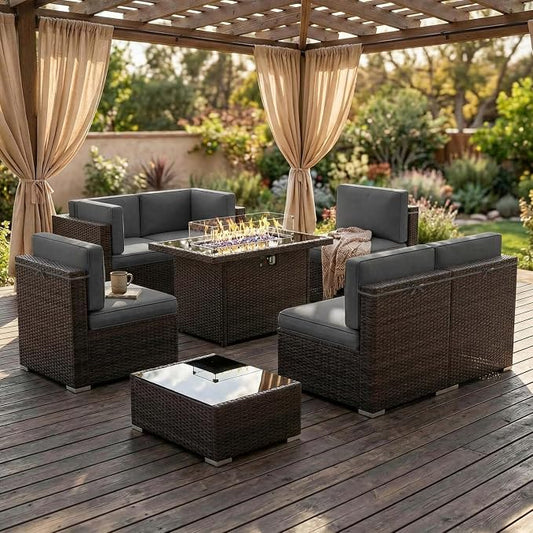 8 Pieces Patio Furniture Set with 44" Propane Gas Fire Pit Table, Outdoor Sectional Brown Rattan Wicker Conversation Sofa Sets with Coffee Table