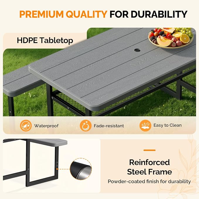 VINGLI 4.5ft Outdoor Picnic Table with Storage Shelf & 7.5 ft Umbrella, Wood Grain HDPE Top with Metal Frame Plastic Picnic Table for Dining Party Garden(Grey Table)