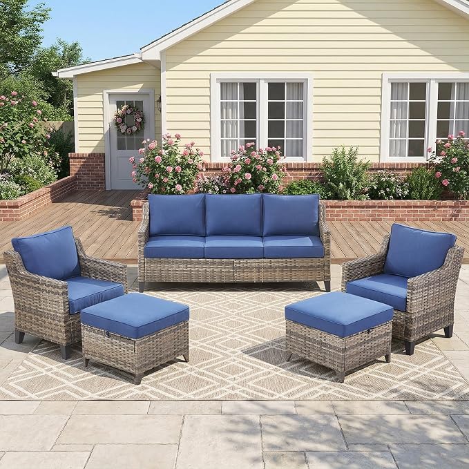 Belord Patio Chairs Set of 2 with 3-Seater Sofa, Outdoor Rattan Chairs for Deck Porch Garden, 5 Piece Patio Conversation Furniture Set,Blue