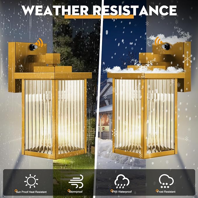 Gold Dusk to Dawn Wall Mount Porch Lights, Exterior Light Fixtures | Auto On and Off, Anti-Rust Metal Frame, Tempered Glass, E26 Socket, Easy DIY Install on Porch, Garage