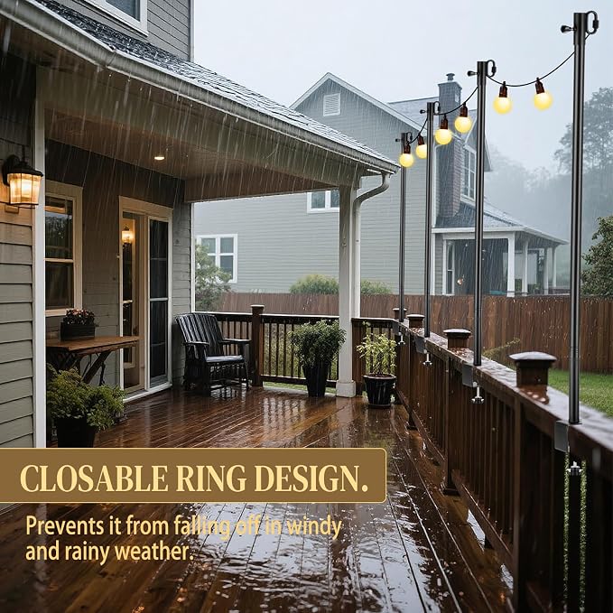 4 Pack Deck String Light Poles with Adjustable 3" Clamp, Outdoor Light Poles for String Lights Christmas Garden Backyard Deck Fence Railing Hanging Bird Feeders, Lanterns, Wind Chimes (63 Inch)