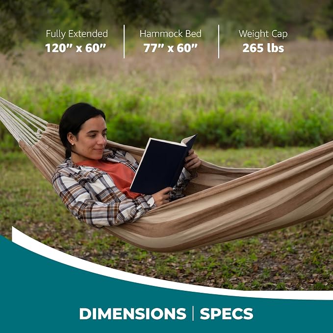 Bliss Hammocks BH-401-CP Double Hammock in a Bag, for Camping, Hiking and Outdoors, Portable, Durable, Eco-Friendly Hand-Woven Cotton and Polyester, Supports up to 265-Pounds, Cappuccino Stripe