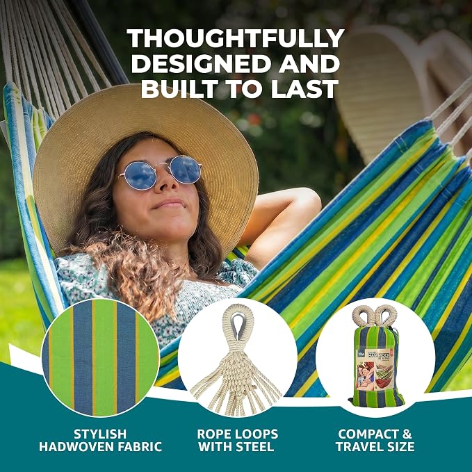 Bliss Hammocks 60" W Double Outdoor Hammock with Hand-Woven Rope Loops & Tree Straps, Patio, Durable, Cotton/Polyester, 265 Lbs Capacity, Mediterranean Stripe