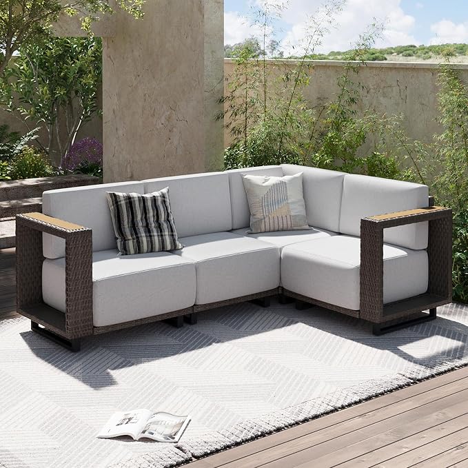 Aoxun Patio Furniture Set, 4 Piece Outdoor Wicker Sectional Sofa Set, All-Weather Rattan with 10'' Ultra-Thick Cushions, Outdoor Conversation Set for Backyard, Poolside and Garden, Brown/Light Gray