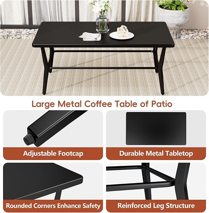 ALAULM Patio Coffee Table Rectangle, Outdoor Large Side Teatables Table-Weather Resistant Metal Steel for Patio, Backyard, Pool,Lawn(Black)