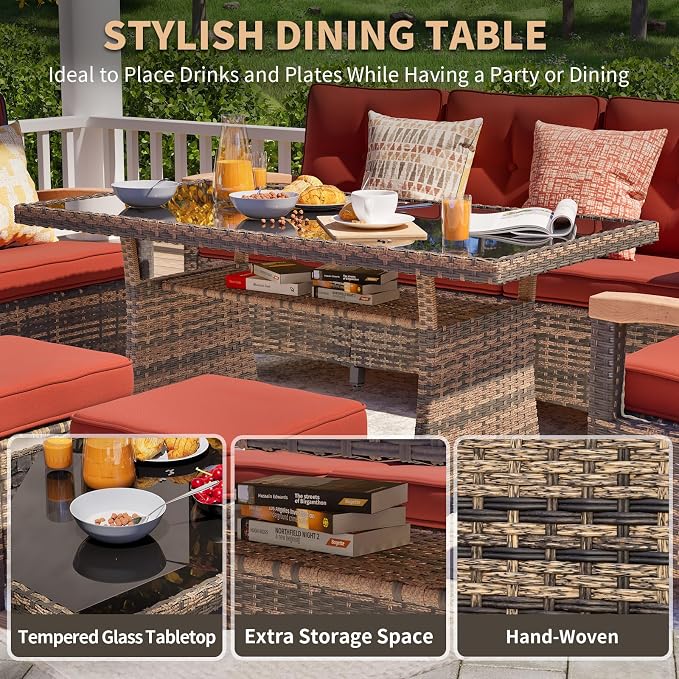 MEISSALIVVE 7 Pieces Patio Furniture Sets, PE Wicker Outdoor Conversation Sets with 2 Wood Armrests Swivel Rocker Chairs, 2 Ottomans, 3-seat Sofa and Dining Table (Red)