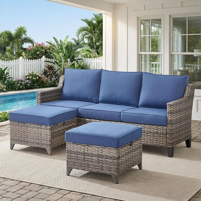 Belord Luxury Outdoor High Back Couch with Ottoman, All-Weather Wicker 3-Seater Sofa, 3 Piece Patio Conversation Furniture Set,Blue