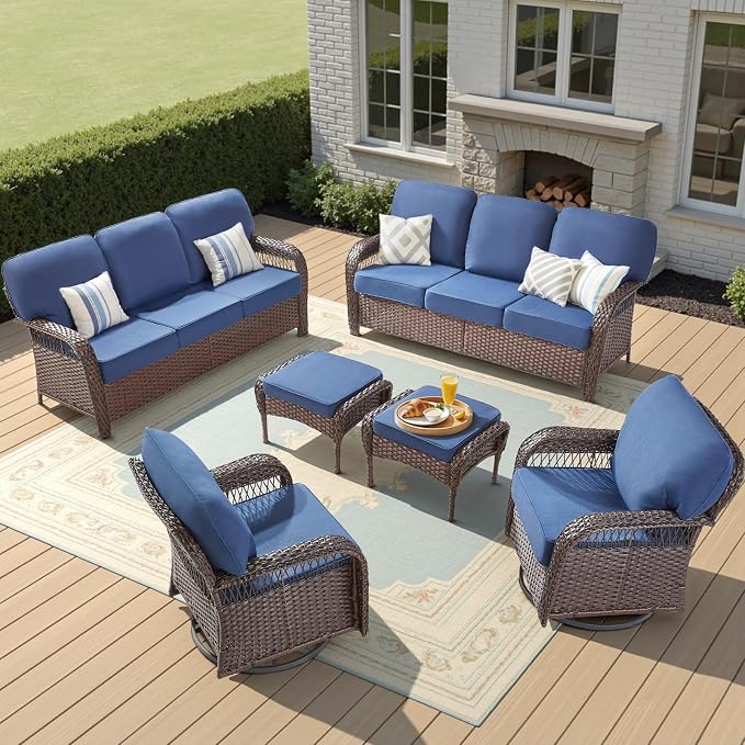 6 Pieces Outdoor Patio Furniture Set, All Weather Wicker Swivel Rocker Patio Chairs High Back Sofa with Ottomans, Outdoor Patio Furniture Set for Deck Porch Garden Backyard, Blue