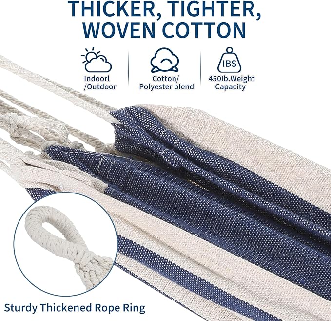 Heavy Duty Double Cotton Hammock with Steel Stand – 2 Person Brazilian-Style, 450lbs Capacity, Portable Indoor Outdoor Lounger with Carry Bag, Backyard, Balcony, Camping, Blue and White