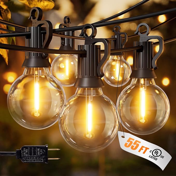 Outdoor String Lights, 55(50+5) FT 25 Bulbs IP65 Waterproof Patio Lights | Shatterproof Dimmable Hanging Connectable G40 Globe LED Outdoor Lights for Christmas, Backyard, Bistro, Porch