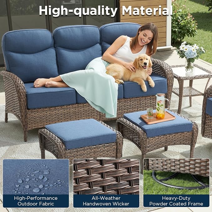 3 Pieces Luxury Patio Furniture Sofa Set with 6-Inch Thick Cushions, Outdoor Wicker Patio Furniture Covered Couch with Multifunctional Ottoman, Patio Conversation Set for Porch Garden, Blue