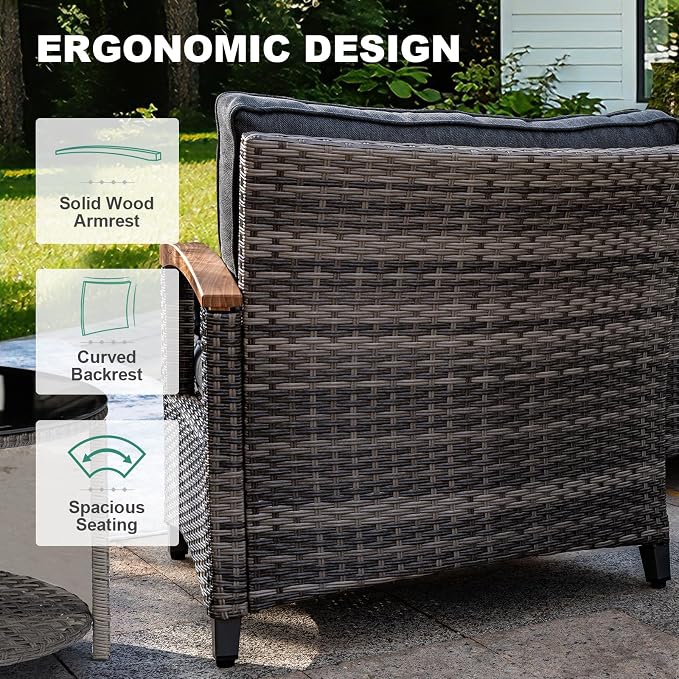 MEISSALIVVE 11-Piece Half-Moon Curved Outdoor Patio Furniture Set, Sectional Conversation Sofa with Wood Armrests, Coffee & Side Tables for Backyard Deck Garden, Grey