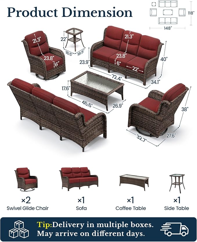HILLGA Luxury Outdoor Patio Furniture Set with 6-Inch Thick Cushions,High Back Wicker Swivel Rocker Chairs, 6Pcs All Weather Sofa Set for Large Deck, Yard and Poolside, Burgundy (V3)