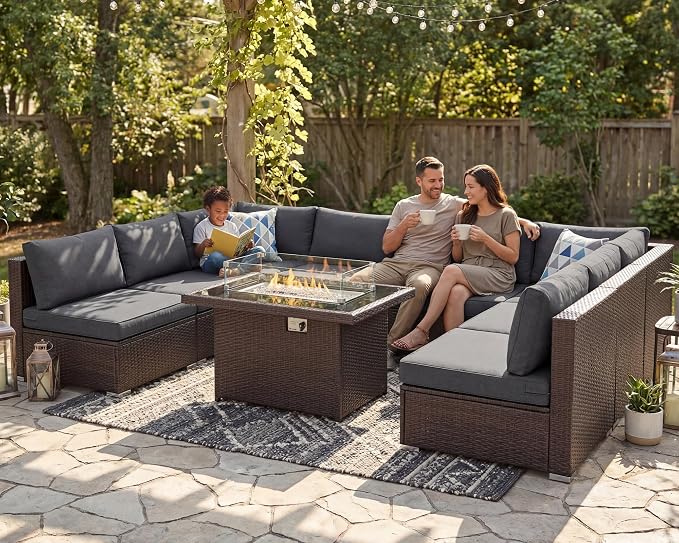 NICESOUL 9 Piece Extra Large Outdoor Patio Furniture Set with Fire Pit Natural Gas/Propane, 29.3 High Back Modular Sectional Couch Sets, Deep Seat Conversation Set, Brown Rattan and Dark Grey Cushion