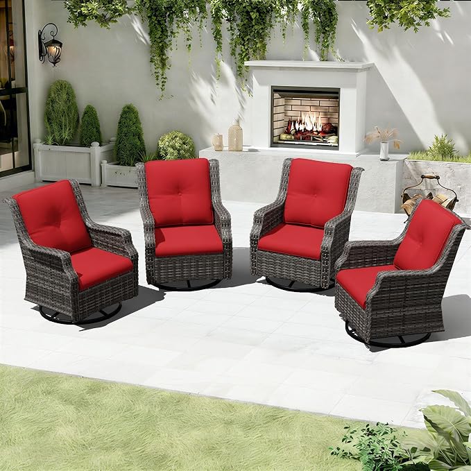 Outdoor Patio Furniture Set, 4 Piece Wicker Patio Furniture with Thick Cushions, Curved Armrest, Deep Seating, Outdoor Swivel Rocker Chairs for Porch, Deck, Balcony