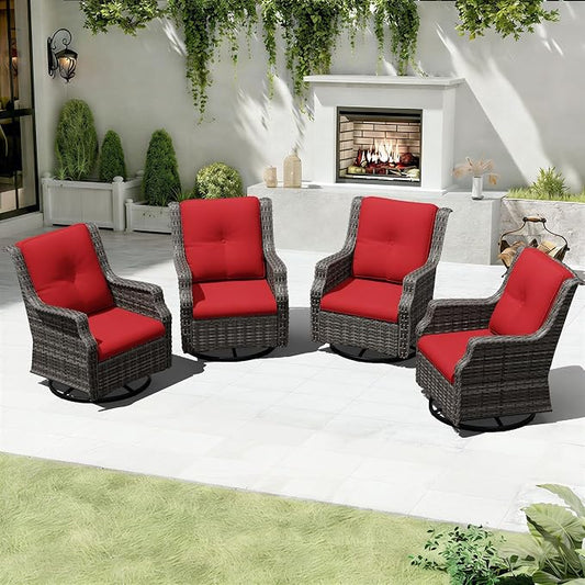 Outdoor Patio Furniture Set, 4 Piece Wicker Patio Furniture with Thick Cushions, Curved Armrest, Deep Seating, Outdoor Swivel Rocker Chairs for Porch, Deck, Balcony