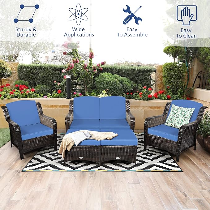 COSTWAY 5PCS Patio Wicker Rattan Furniture Set, Loveseat Sofa with Ottomans and Cushioned Chairs, Conversation Sets for Outdoor Garden Backyard