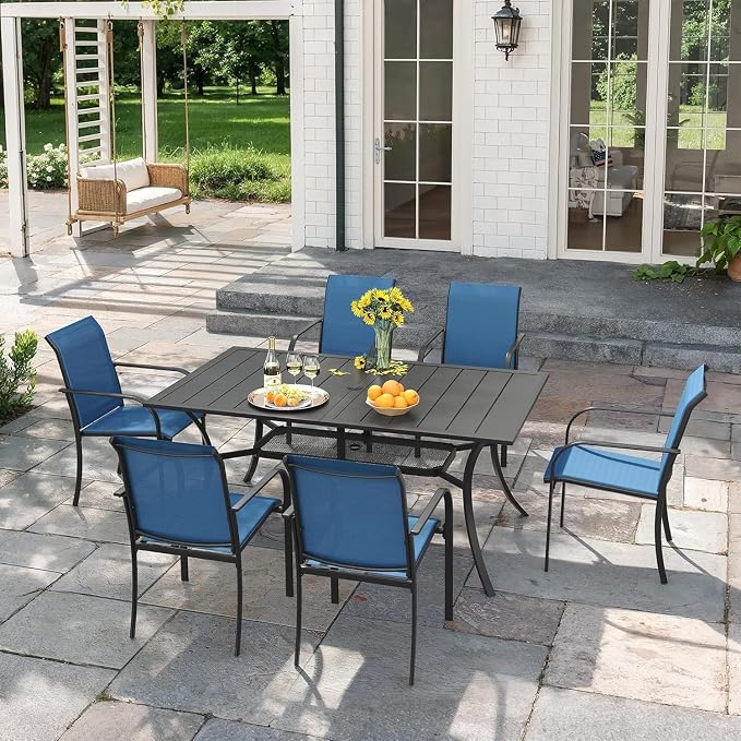 VICLLAX 7 Pieces Patio Outdoor Dining Set, 59" Metal Dining Table with Umbrella Hole and 6 Stackable Textilene Chairs for Patio, Lawn, Garden, Porch, Black/Dark Blue