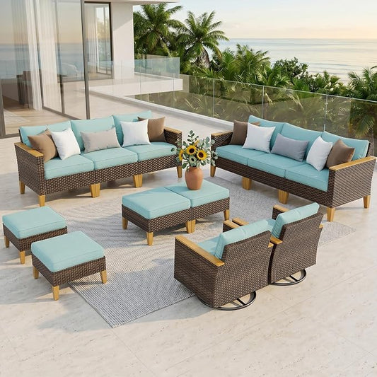 PHI VILLA Wicker Patio Furniture Set with Swivel Chairs, 12 Pieces Outdoor Conversations Set, Oversized Rattan Patio Sectional Sofa Couch with Ottoman, Aqua Blue Cushion