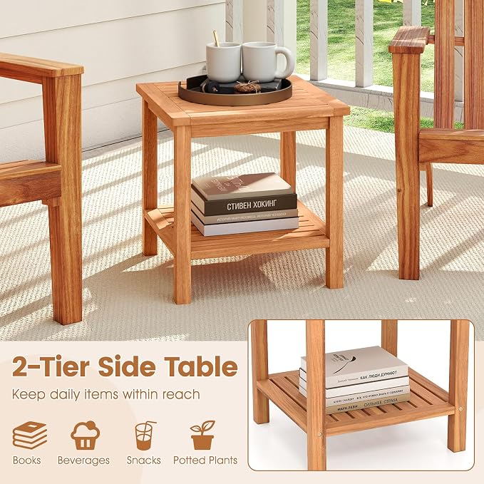 Tangkula Outdoor Side Table, 2-Tier Acacia Wood Square End Table with Slatted Tabletop & Storage Shelf, Indoor Outdoor Wooden Accent Bistro Patio Table for Backyard, Poolside, Garden, Natural (2)