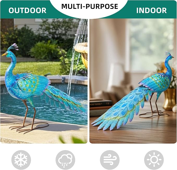 31" L Metal Peacock Garden Statue,Handcrafted Outdoor Yard Art | Large Walking Bird Decor, Iridescent Blue & Green Finish , Ground Stakes, Lifelike Sculpture for Garden Lawn Flowerbed