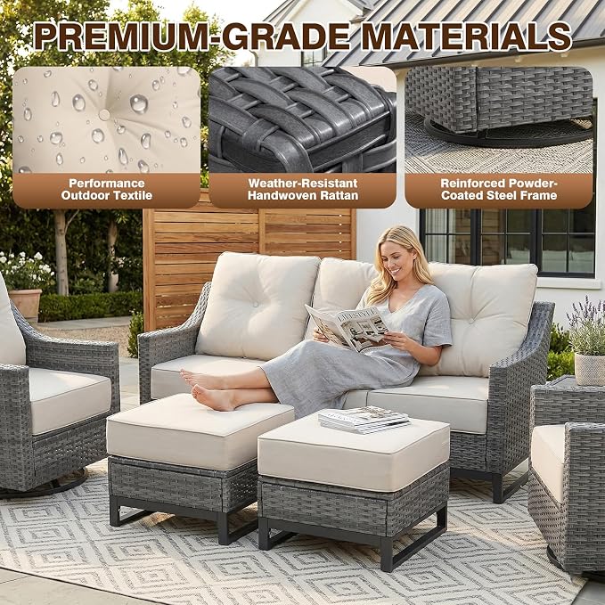 6 Piece Patio Furniture Set,360°Swivel Glider Patio Chairs Set of 2, 2 Sofas, 2 Ottomans,Comfortable Seating with 6 Inch Thick Cushions, All-Weather Wicker Patio Set For Porch Deck Balcony Garden