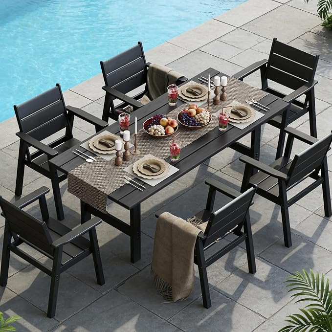 HDPE Outdoor Dining Table and Chairs, 7-Piece Patio Table and Chairs Set, Outdoor Dining Set for 6, All-Weather Dining Furniture Set with Umbrella Hole, Black