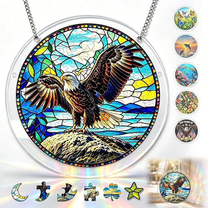 Acrylic Jigsaw Puzzle Suncatcher 7.8'',Stained Glass Suncatcher Home Decor | Eagles Acrylic Puzzle Suncatcher,DIY Sun Catcher Puzzle Kit,Window Hanging Ornament Art,Home Garden Decor Gift for Women Mom