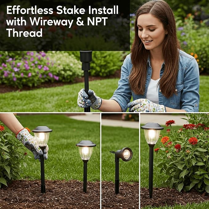 8" Outdoor Light Stake in Black Finish - Support Light Fixture Spikes, Universal Use, Resin Materials, Side Wireway (2 - Large Spike with Brass Wireway)