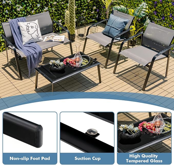 Tangkula 4 Pieces Patio Furniture Set, Outdoor Conversation Set with Tempered Glass Coffee Table, Outdoor Bistro Set with Fabric and Anti-Rust Steel Frame for Garden, Poolside and Backyard (Gray)
