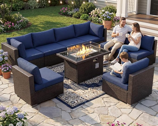 BULEXYARD 11 Piece High Back Wicker Patio Furniture Sets with Fire Pit, Luxury Plus Size Outdoor Seating Set, Comfortable Extra Wide Deep 10-Seater Sectional Couch Sofa for Outside, Brown & Navy Blue