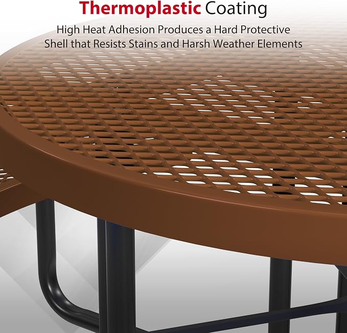 Leisure Craft Metal Picnic Table with Bench - 46" Round Outdoor Dining Table for 8 with Umbrella Hole, Weatherproof Heavy Duty Thermoplastic Coating, Commercial Grade Furniture Made in USA - Brown