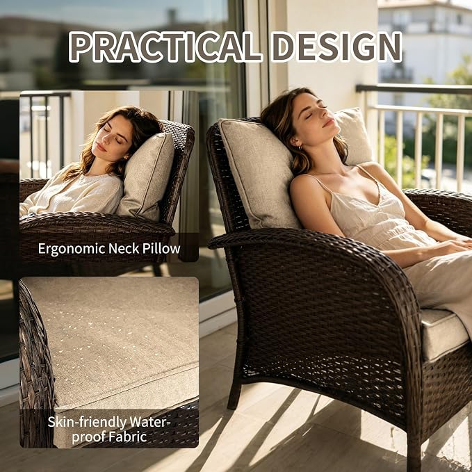 Outdoor Swivel Rocker Patio Chairs (Brown Wicker/Khaki Cushion, 4PC/Sofa & Chair &Coffee Table)