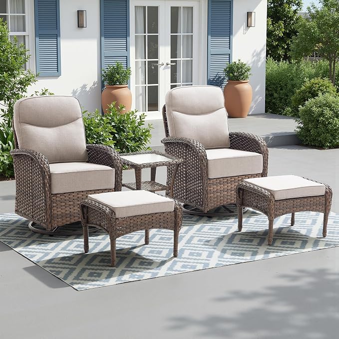 Luxury 6-Inch Cushion Outdoor Patio Furniture Set with Ottoman, Outdoor Swivel Rocker Patio Chairs with Side Table, Wicker Conversation Set for Deck Porch Garden Balcony and Poolside Beige