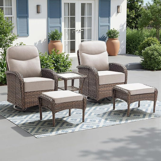 Luxury 6-Inch Cushion Outdoor Patio Furniture Set with Ottoman, Outdoor Swivel Rocker Patio Chairs with Side Table, Wicker Conversation Set for Deck Porch Garden Balcony and Poolside Beige