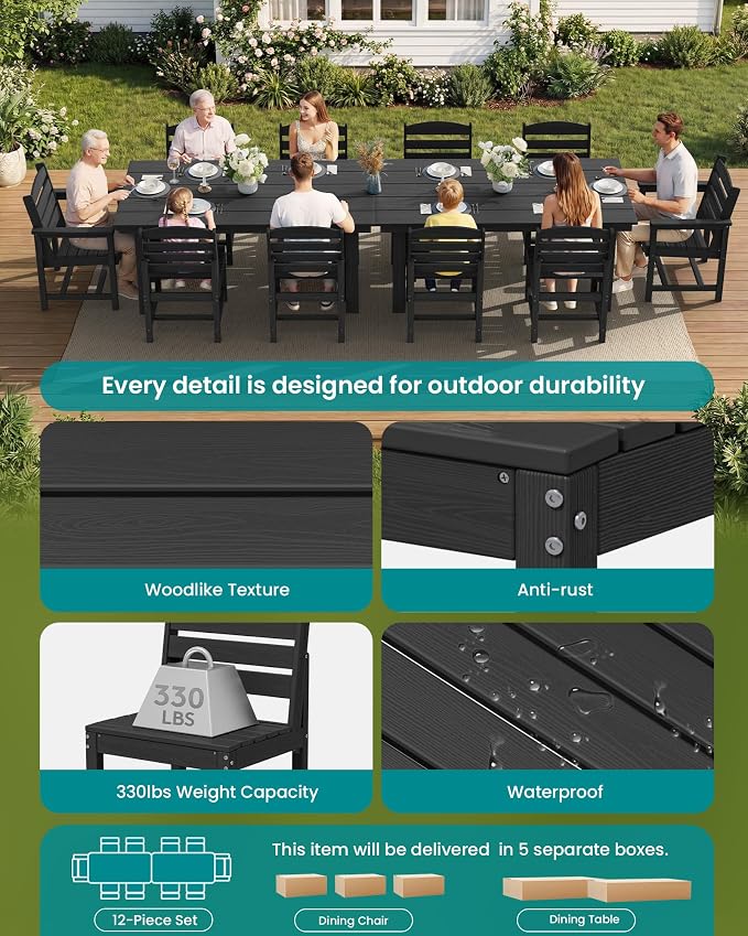 SERWALL HDPE Outdoor Dining Set for 10 with 2 Tables & 10 Chairs, Black | 12-Piece HDPE Outdoor Dining Set for 10, All-Weather Resistant Dining Furniture