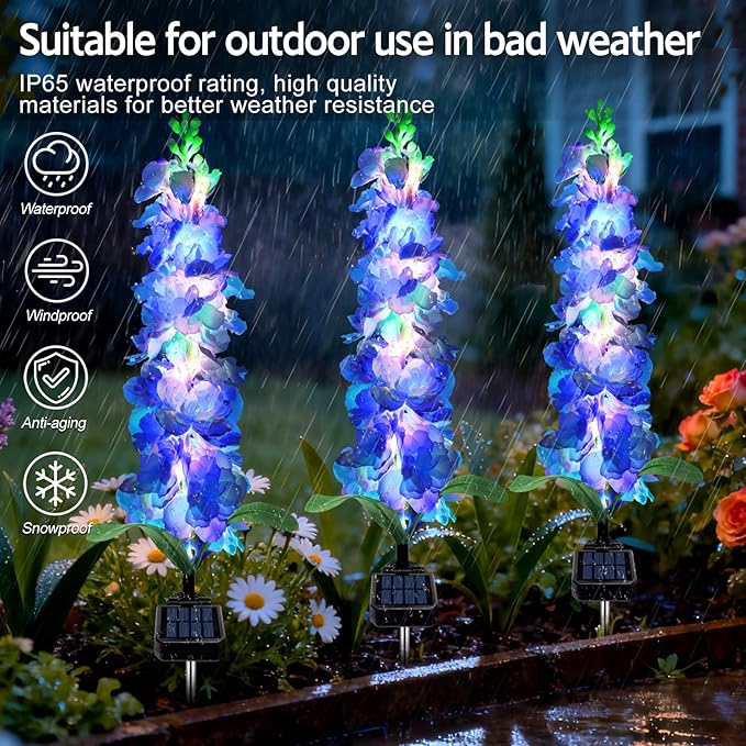 MRHEPHAESTUS Solar Garden Lights, Solar Blue Delphinium Flowers Lights 8 Pack 160 LEDs, Waterproof Outdoor Light Two Lighting Modes for Outside Wedding Party Garden Yard Patio Lawn Decor