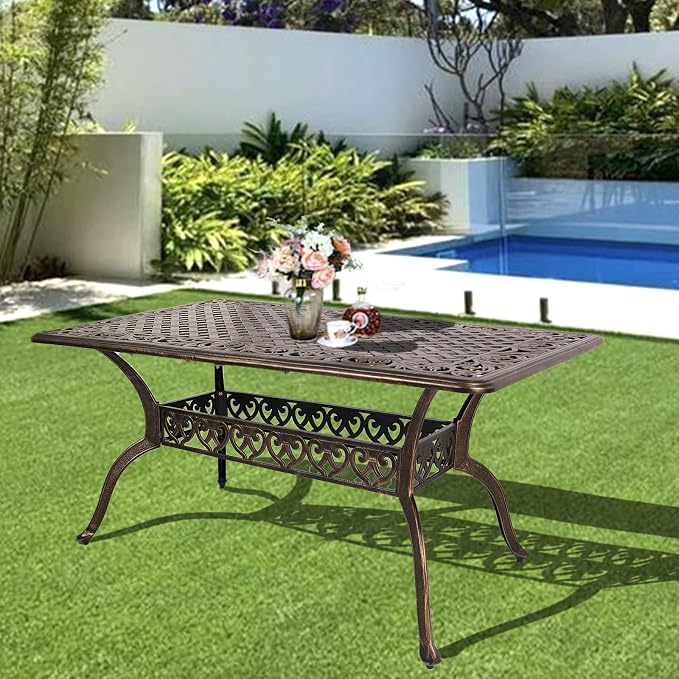 TITIMO Cast Aluminum Patio Dining Table 59'' - Outdoor Dining Rectangle Table Weather-Resistant Table with 2.0" Umbrella Hole for Balcony Lawn Garden Backyard Outdoor Furniture(59" Lx35.2 Wx 28.4" H)