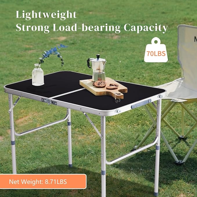 3 Feet Adjustable Height Small Folding Table with Carrying Handle, Lightweight Portable Picnic Table for Outdoor Indoor Camping BBQ Fishing Beach Use, MDF Tabletop, Black 5Pcs, Aluminum Frame